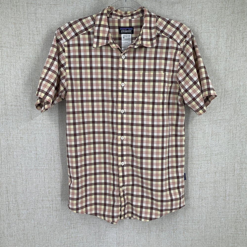 Patagonia Shirt Mens Sz S Brown Yellow Organic Cotton Plaid Short Sleeve Outdoor